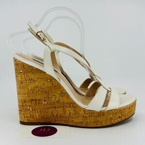 Stuart Weitzman Women's White Leather Slingback Cork Wedge Sandals Size 10.5